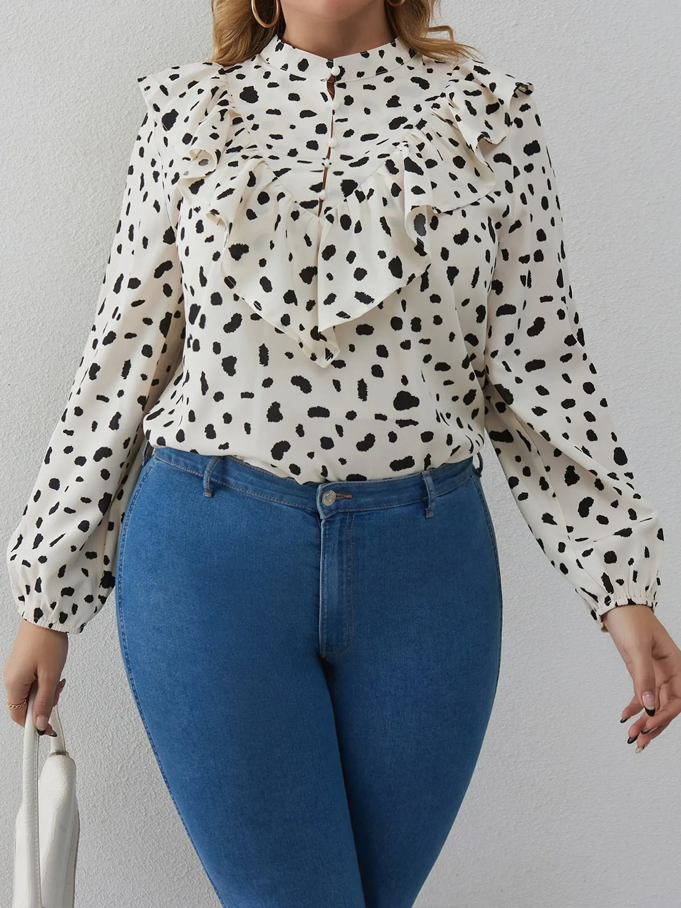 All Over Print Ruffle Long Sleeve Stand Collar Regular Plus Size Blouse