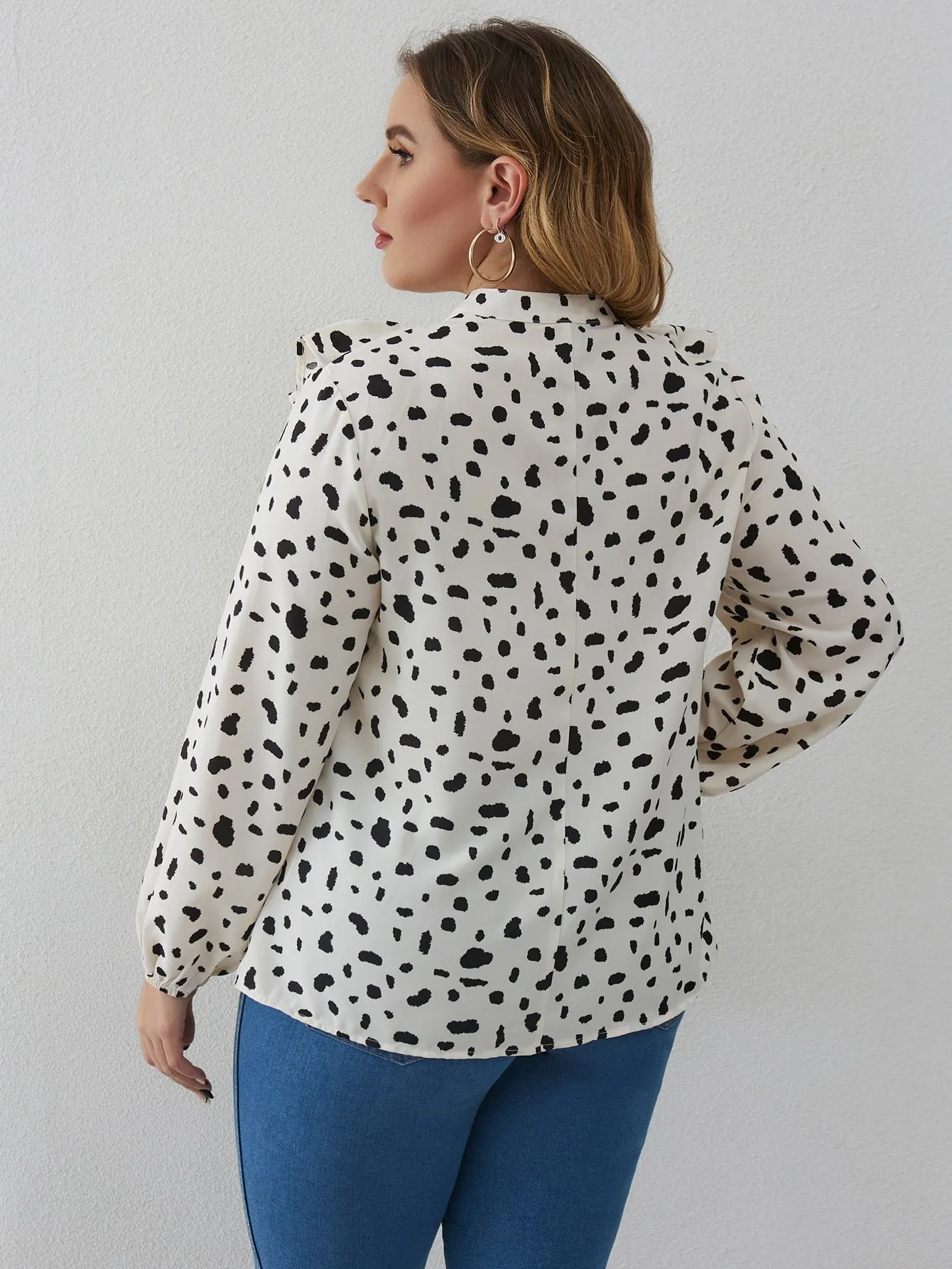 All Over Print Ruffle Long Sleeve Stand Collar Regular Plus Size Blouse