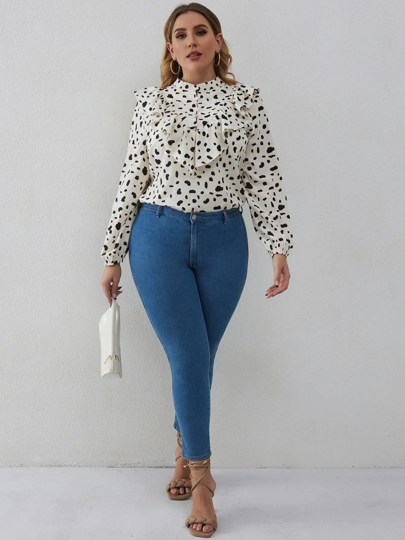 All Over Print Ruffle Long Sleeve Stand Collar Regular Plus Size Blouse