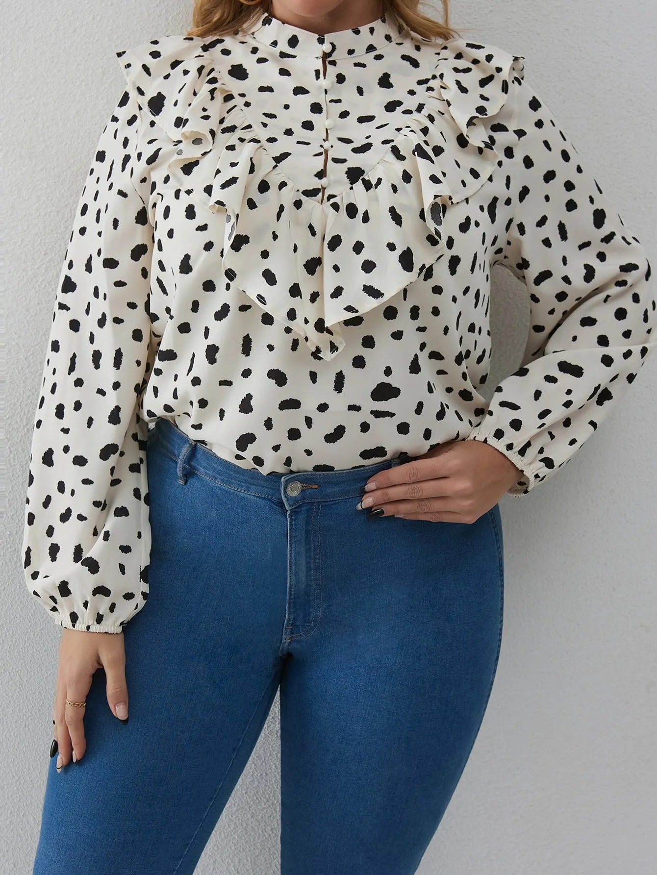 All Over Print Ruffle Long Sleeve Stand Collar Regular Plus Size Blouse