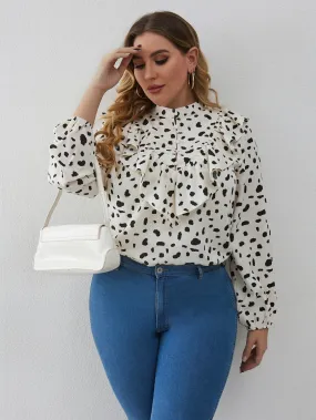 All Over Print Ruffle Long Sleeve Stand Collar Regular Plus Size Blouse
