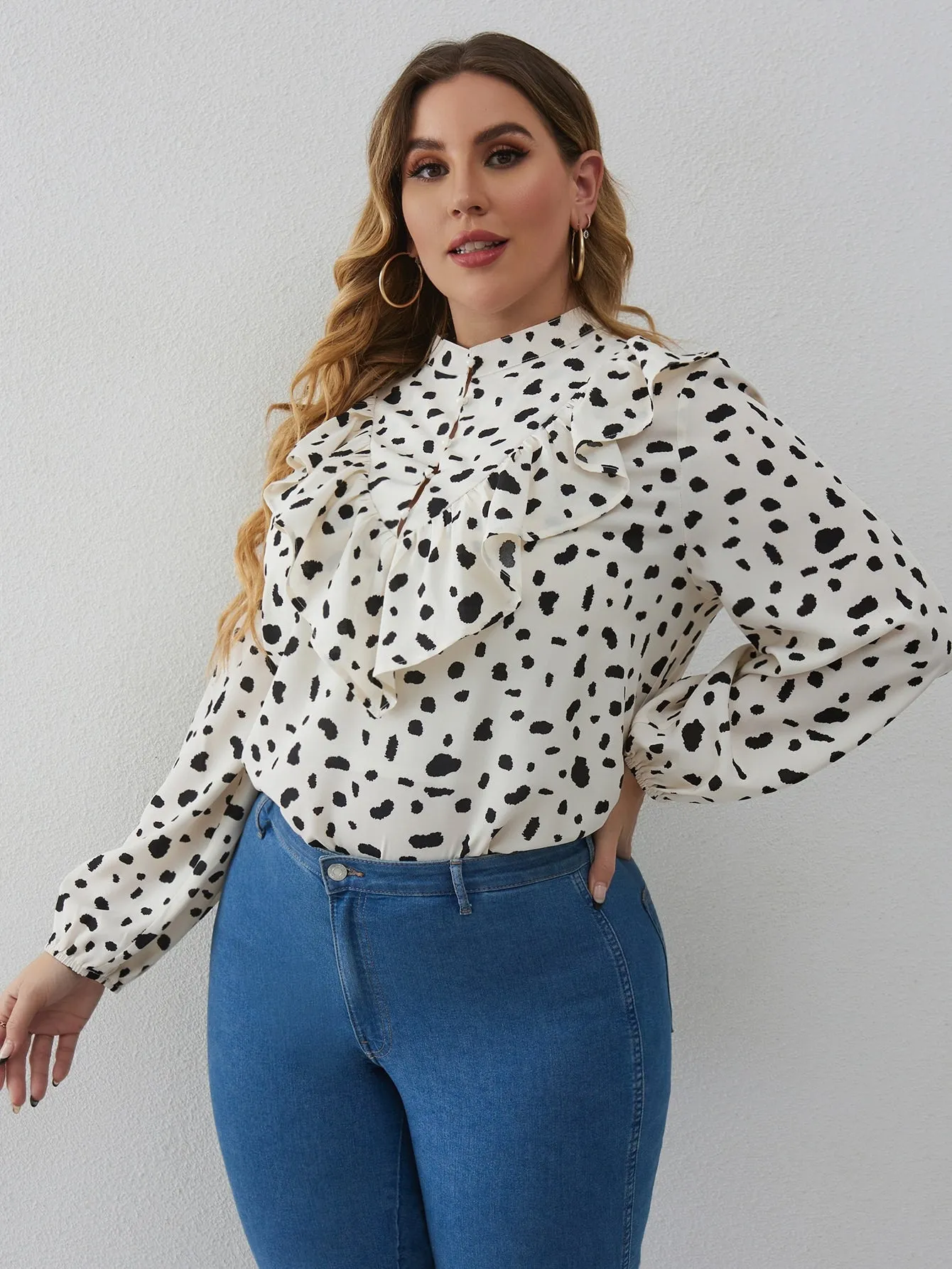 All Over Print Ruffle Long Sleeve Stand Collar Regular Plus Size Blouse