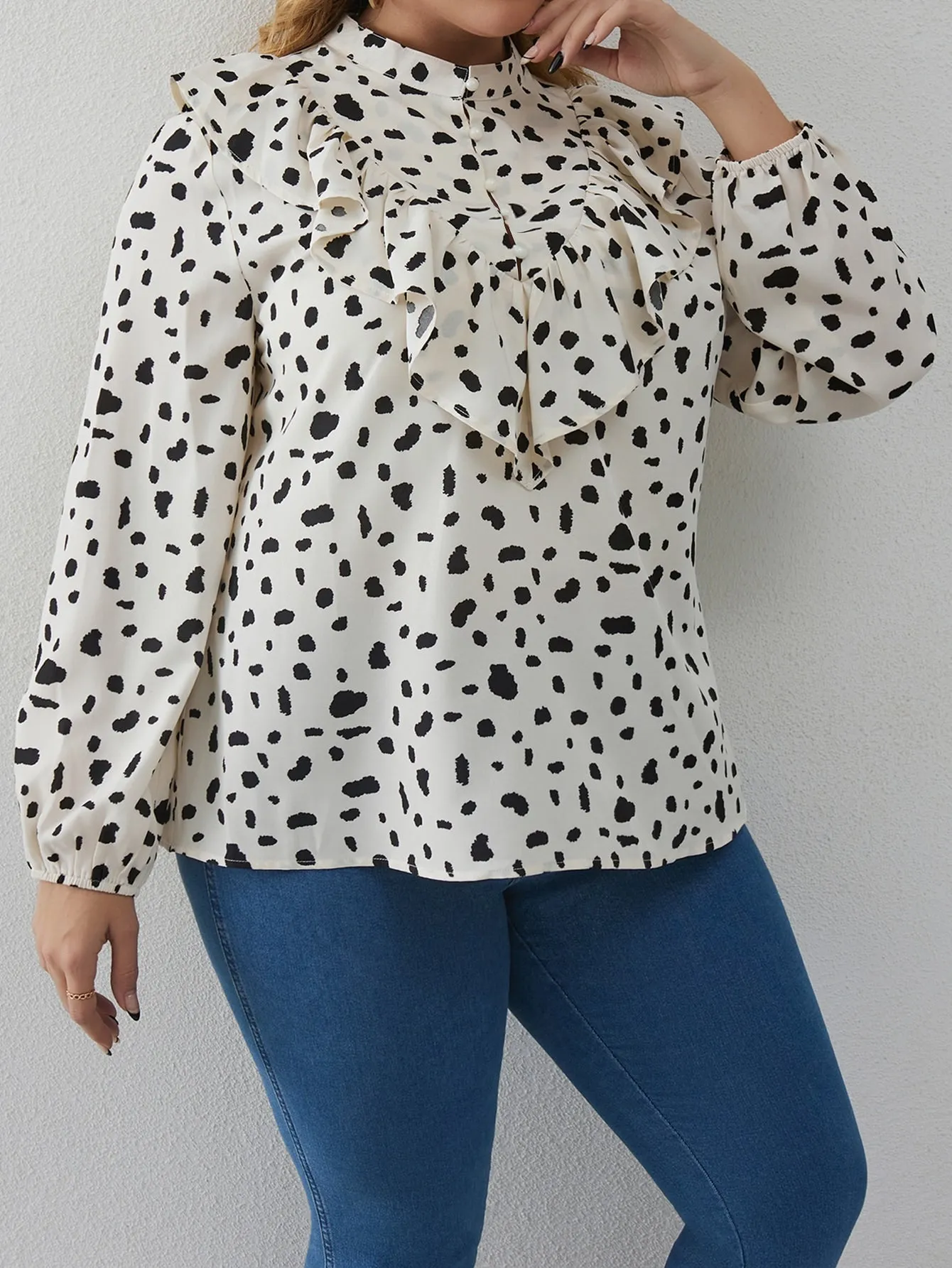 All Over Print Ruffle Long Sleeve Stand Collar Regular Plus Size Blouse