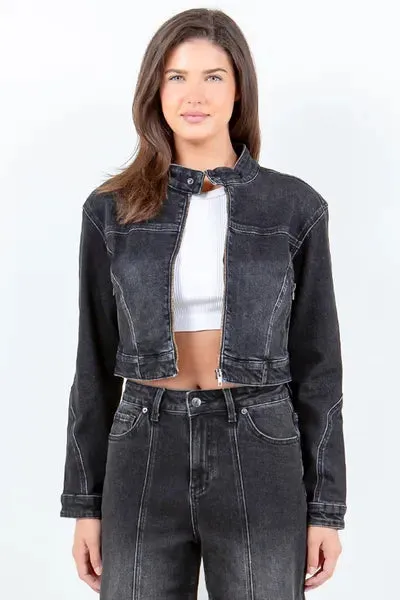 American Bazi Full Size Zip Up Cropped Denim Rider Jacket