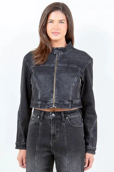 American Bazi Full Size Zip Up Cropped Denim Rider Jacket