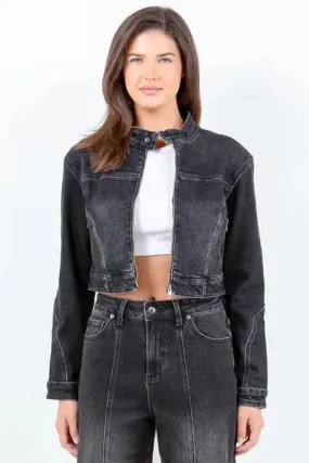 American Bazi Full Size Zip Up Cropped Denim Rider Jacket
