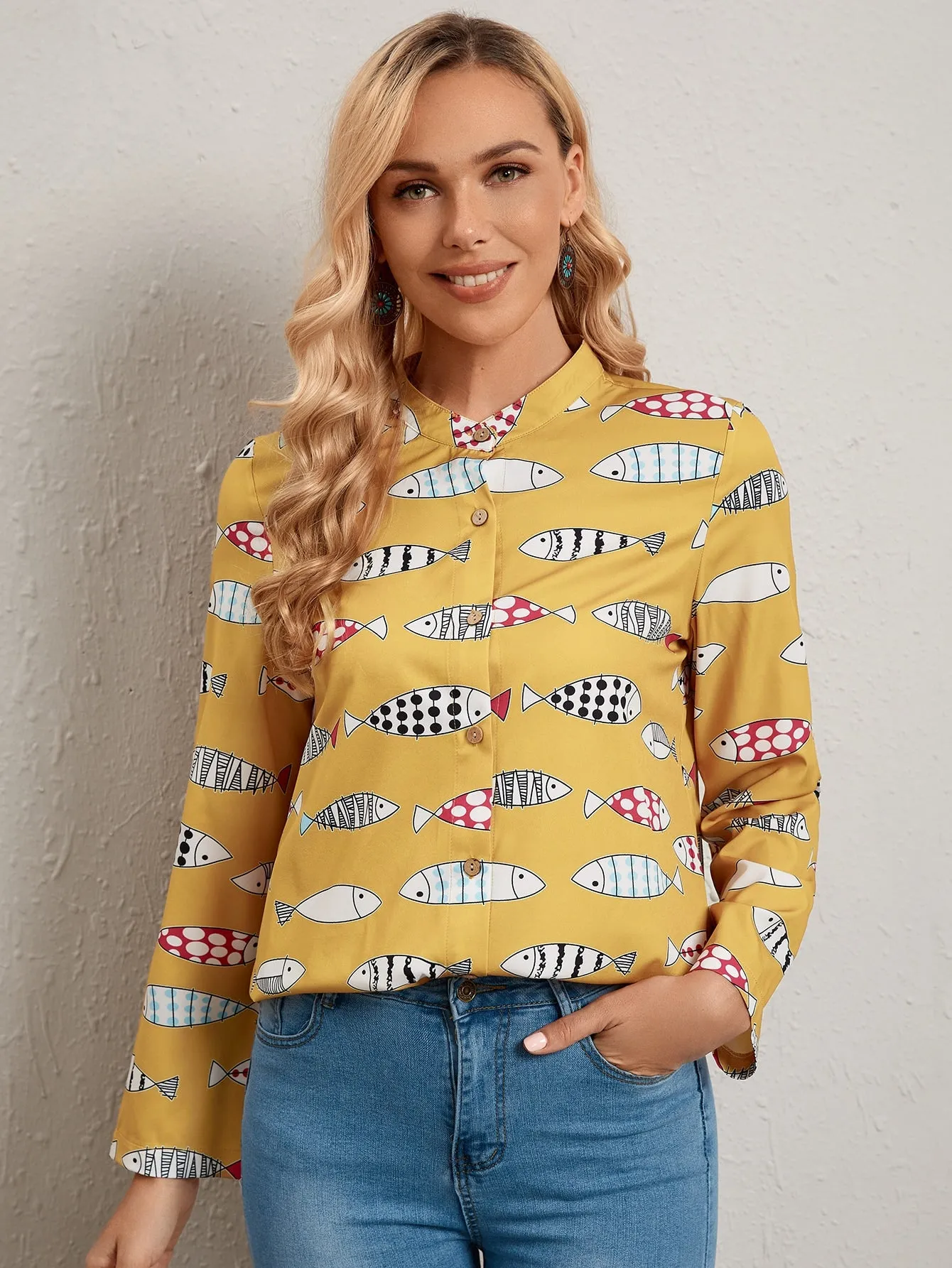 Casual All Over Print Button Front Long Sleeve Collar Regular Blouse