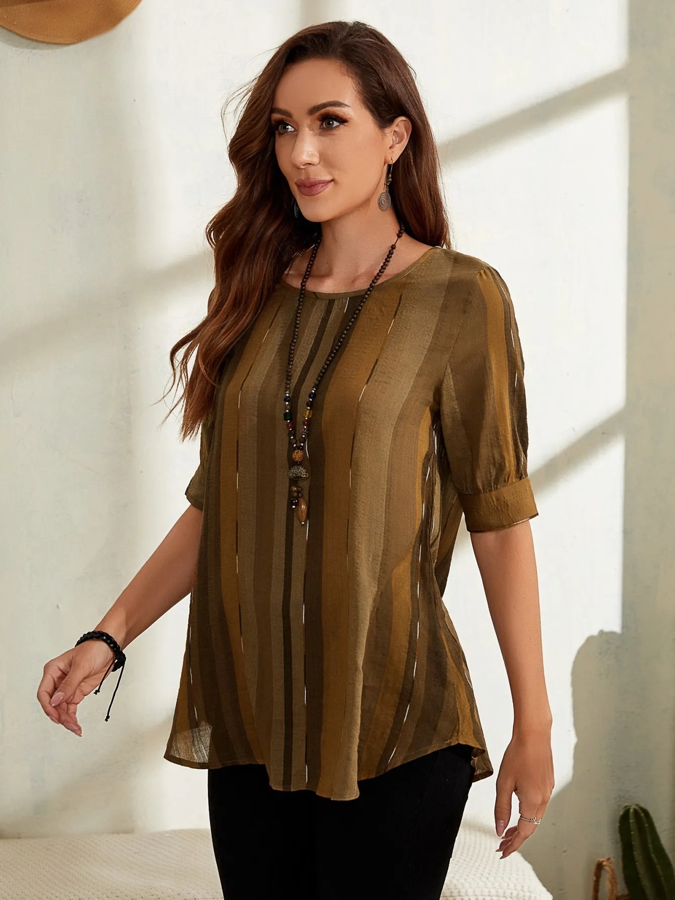 Casual Plain Half Sleeve Round Neck Long Blouse