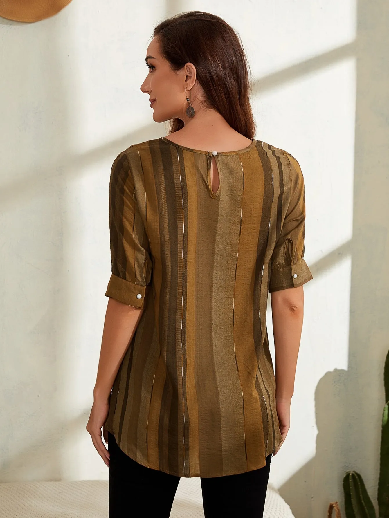Casual Plain Half Sleeve Round Neck Long Blouse