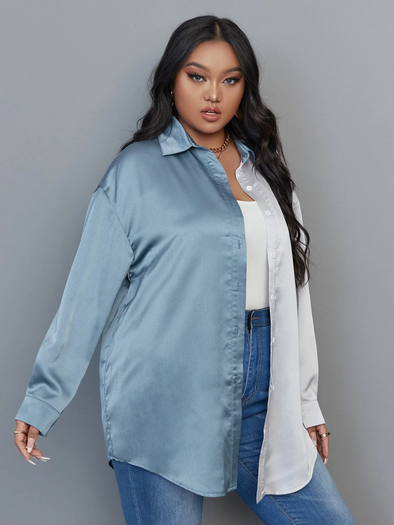 Colorblock Button Front Long Sleeve Collar Long Plus Blouse