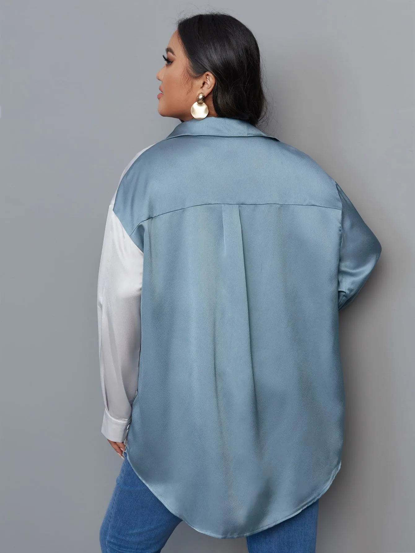 Colorblock Button Front Long Sleeve Collar Long Plus Blouse