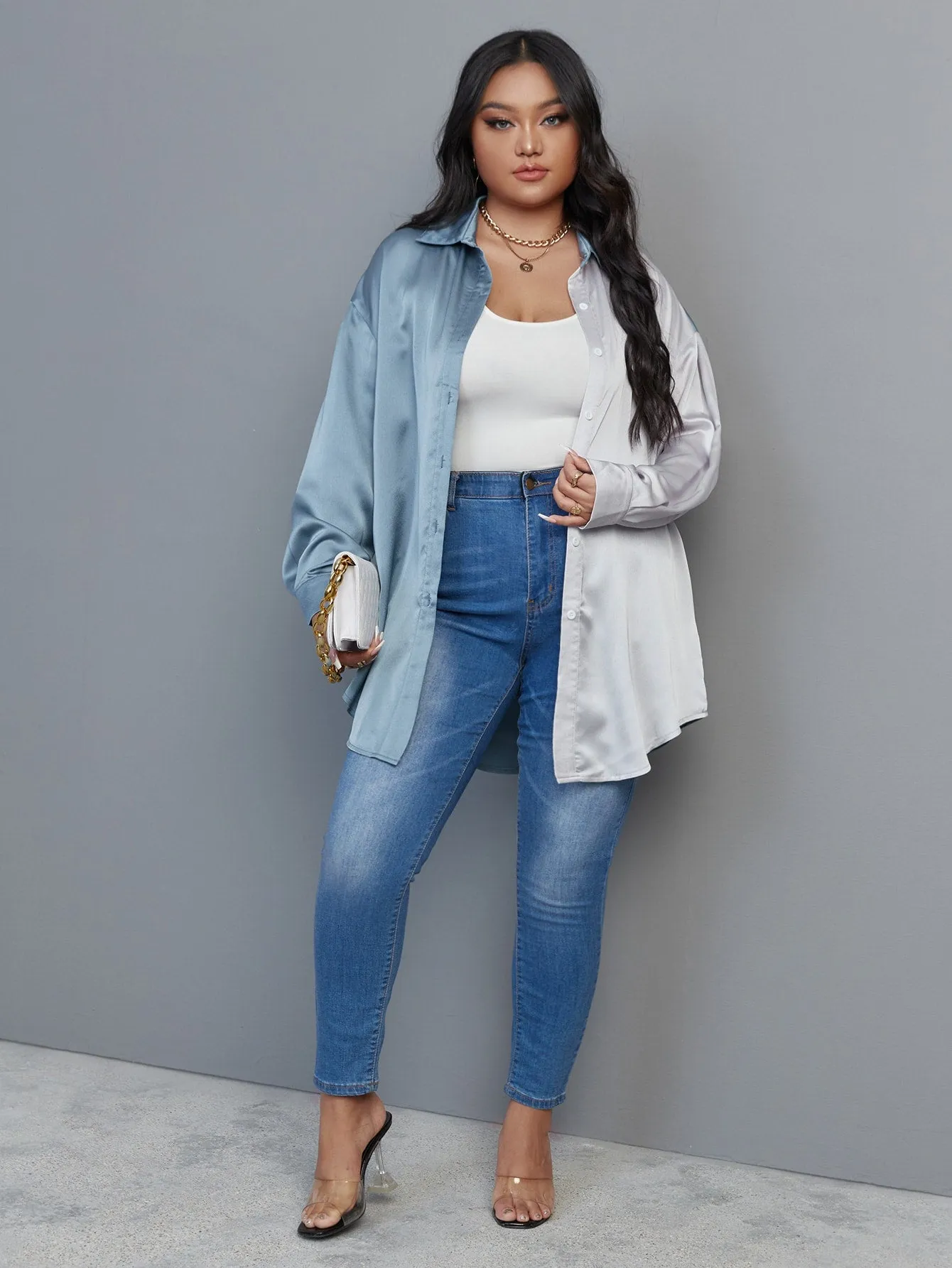 Colorblock Button Front Long Sleeve Collar Long Plus Blouse