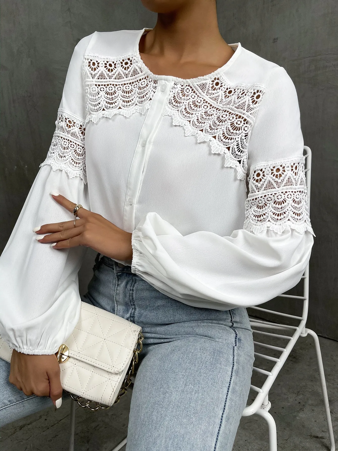 Elegant Plain Button Front Long Sleeve Round Neck Regular Blouse