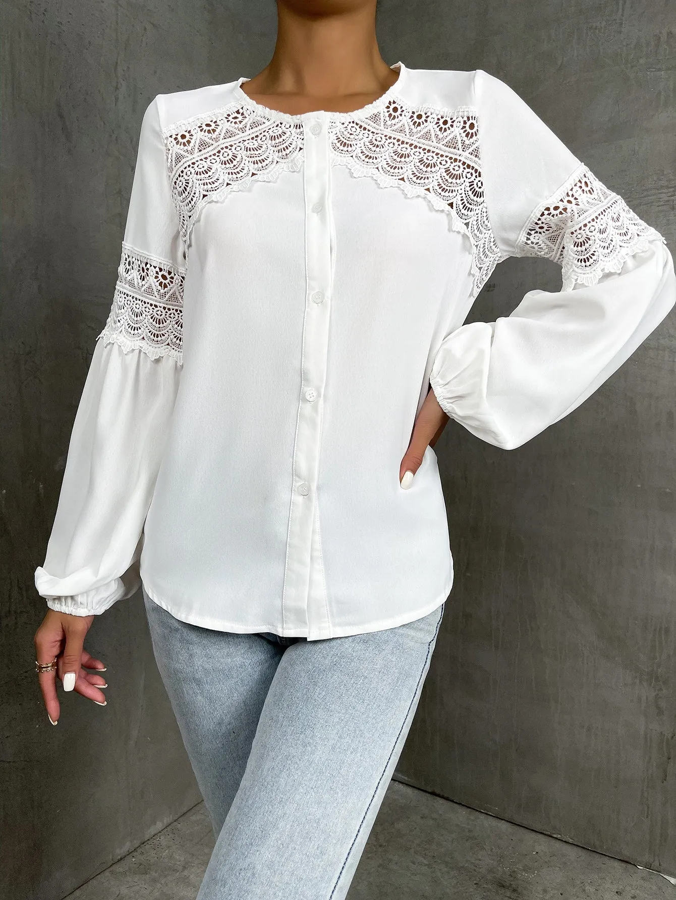 Elegant Plain Button Front Long Sleeve Round Neck Regular Blouse