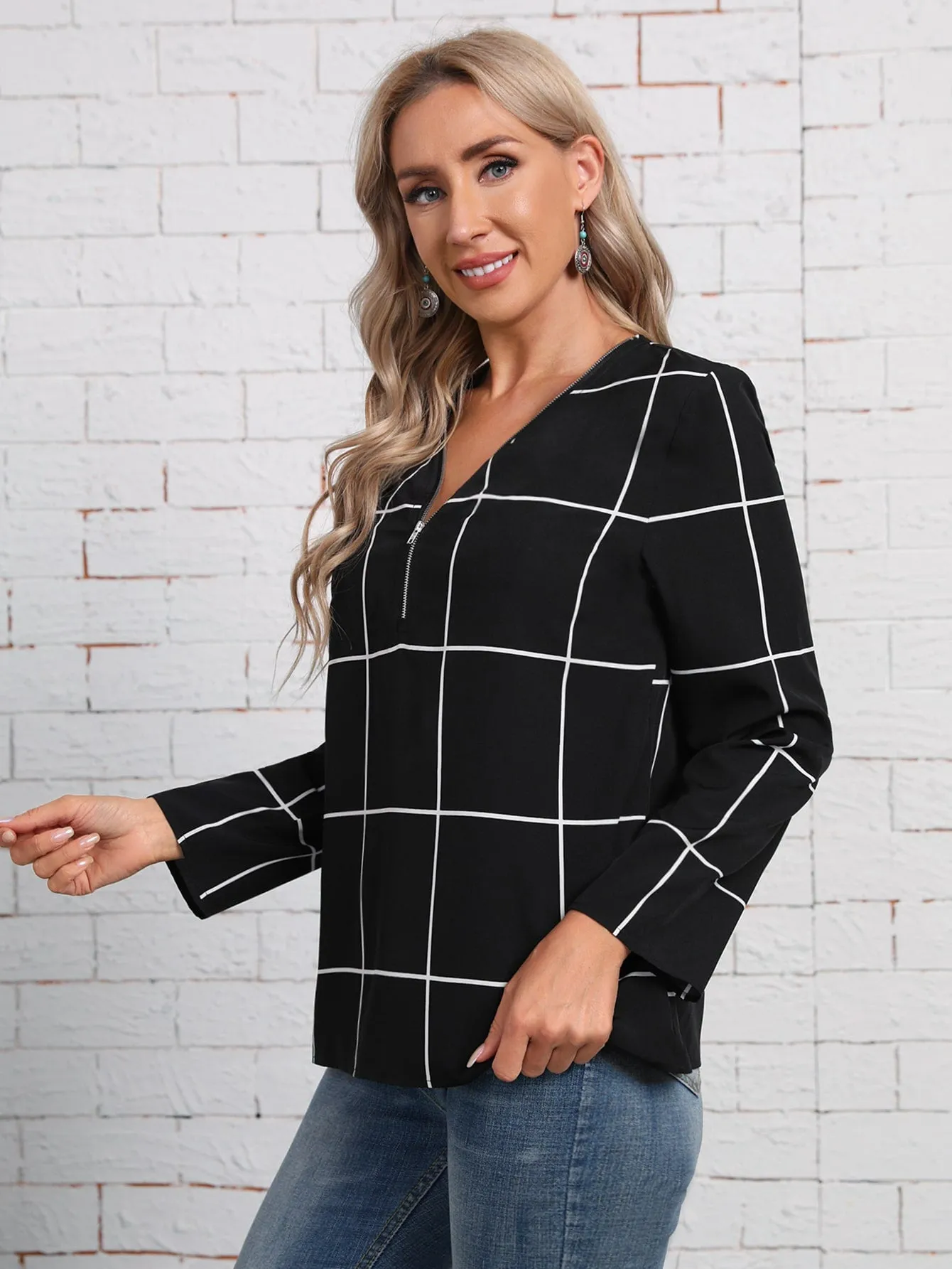 Elegant Plain Zipper Long Sleeve V Neck Regular Blouse