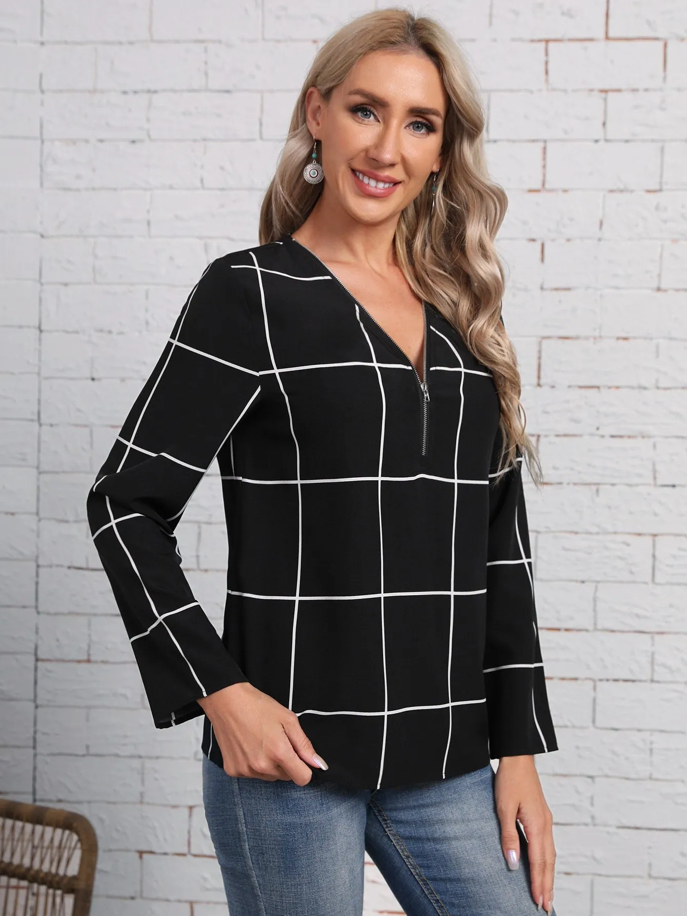 Elegant Plain Zipper Long Sleeve V Neck Regular Blouse