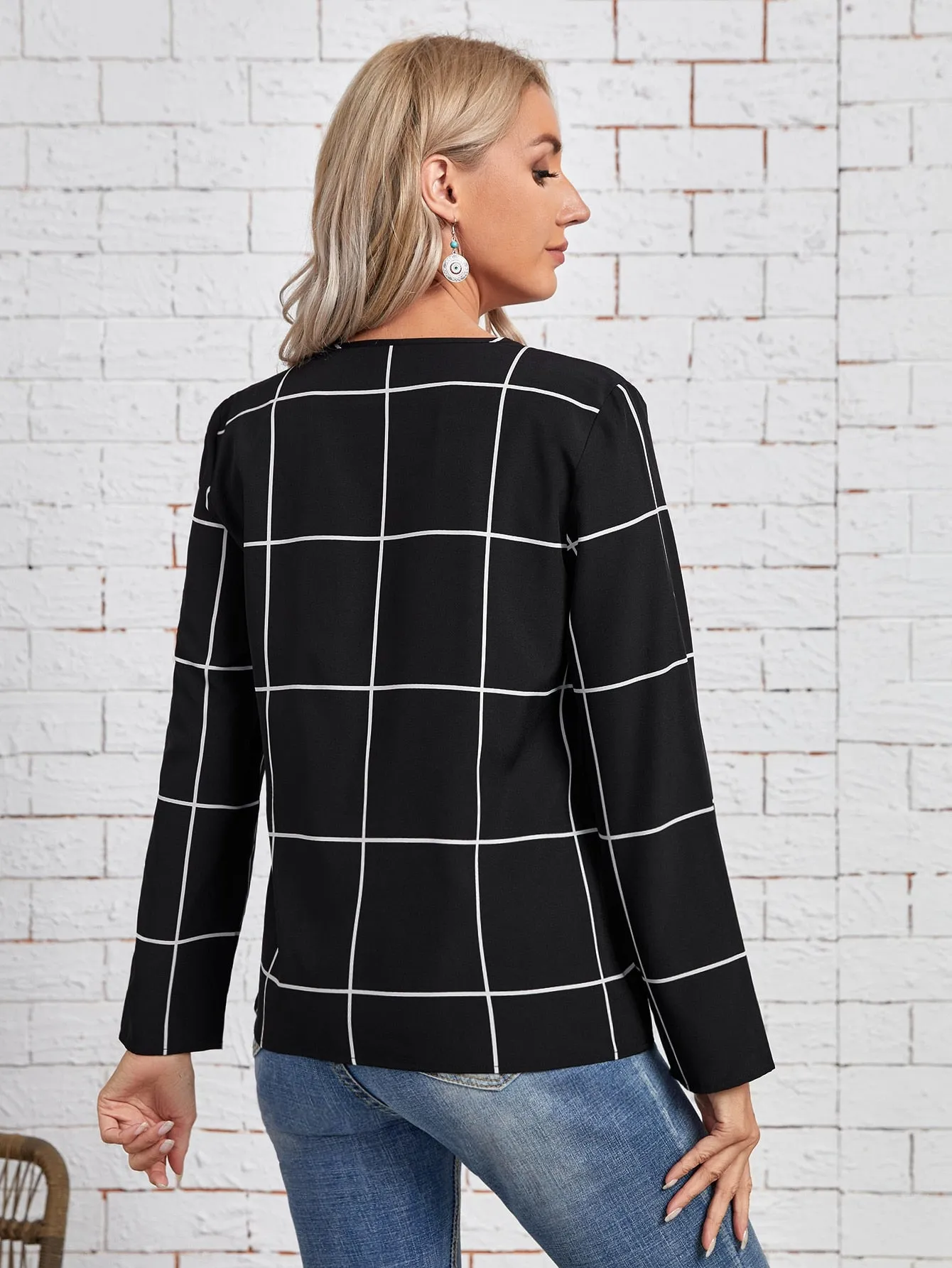Elegant Plain Zipper Long Sleeve V Neck Regular Blouse