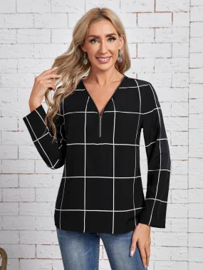 Elegant Plain Zipper Long Sleeve V Neck Regular Blouse