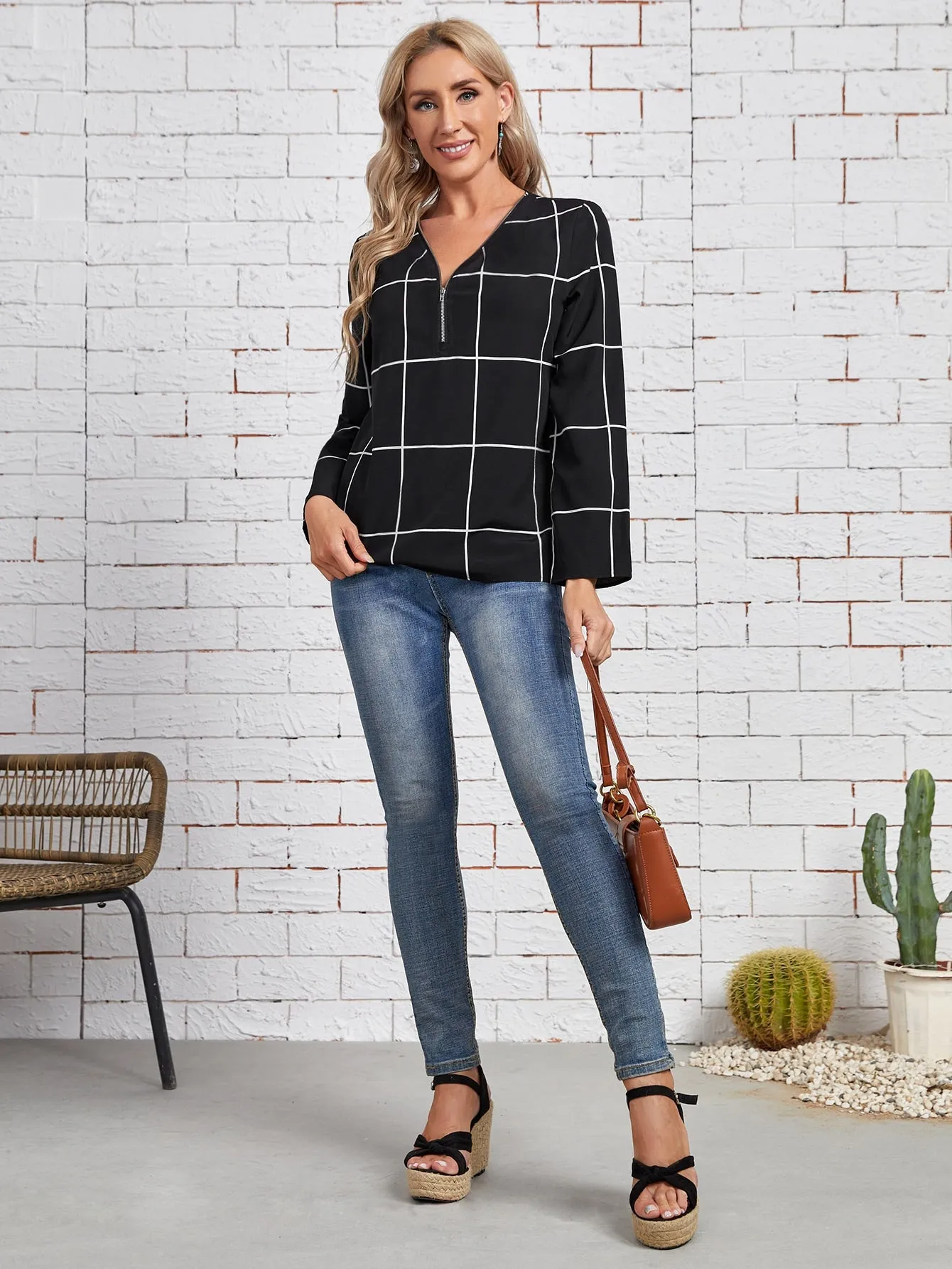 Elegant Plain Zipper Long Sleeve V Neck Regular Blouse