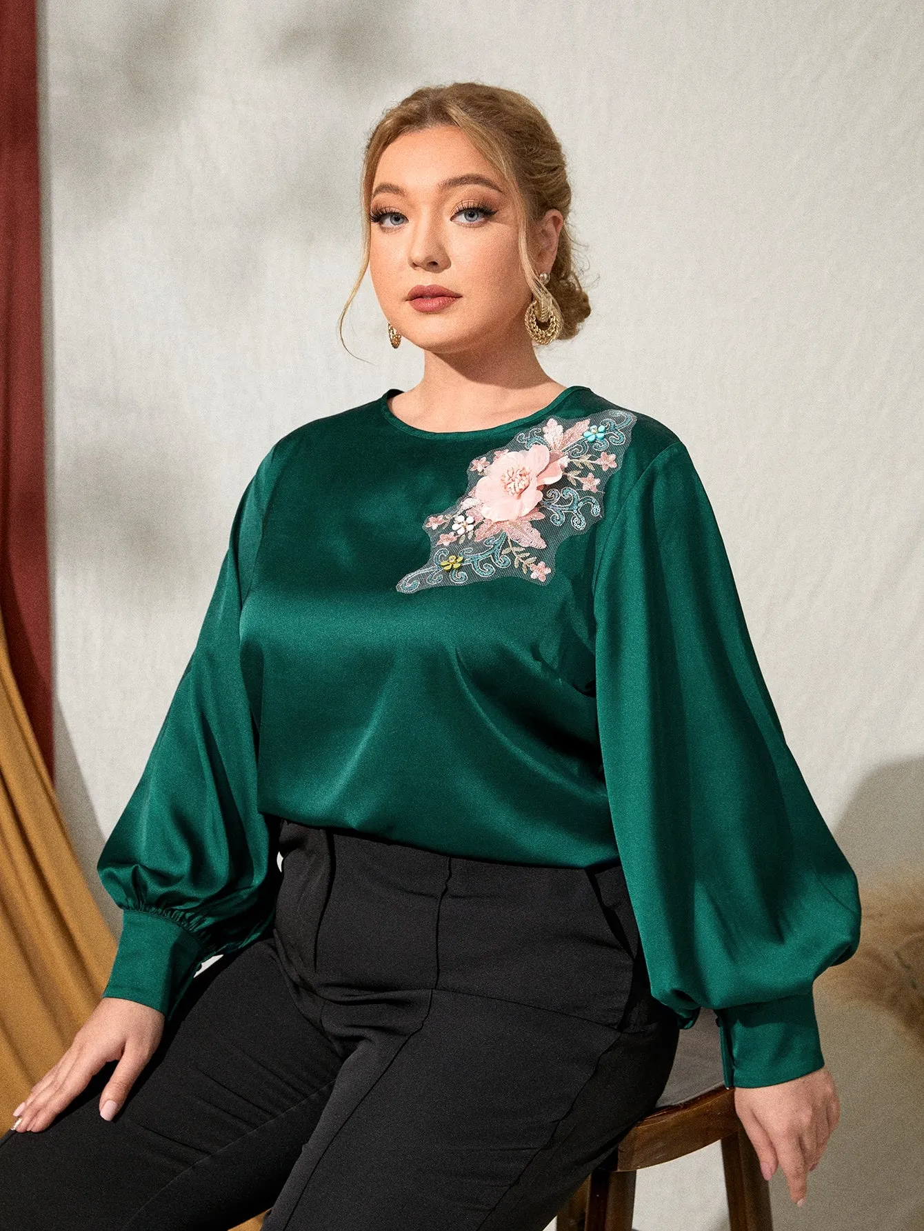 Floral Appliques Long Sleeve Round Neck Regular Plus Size Blouse