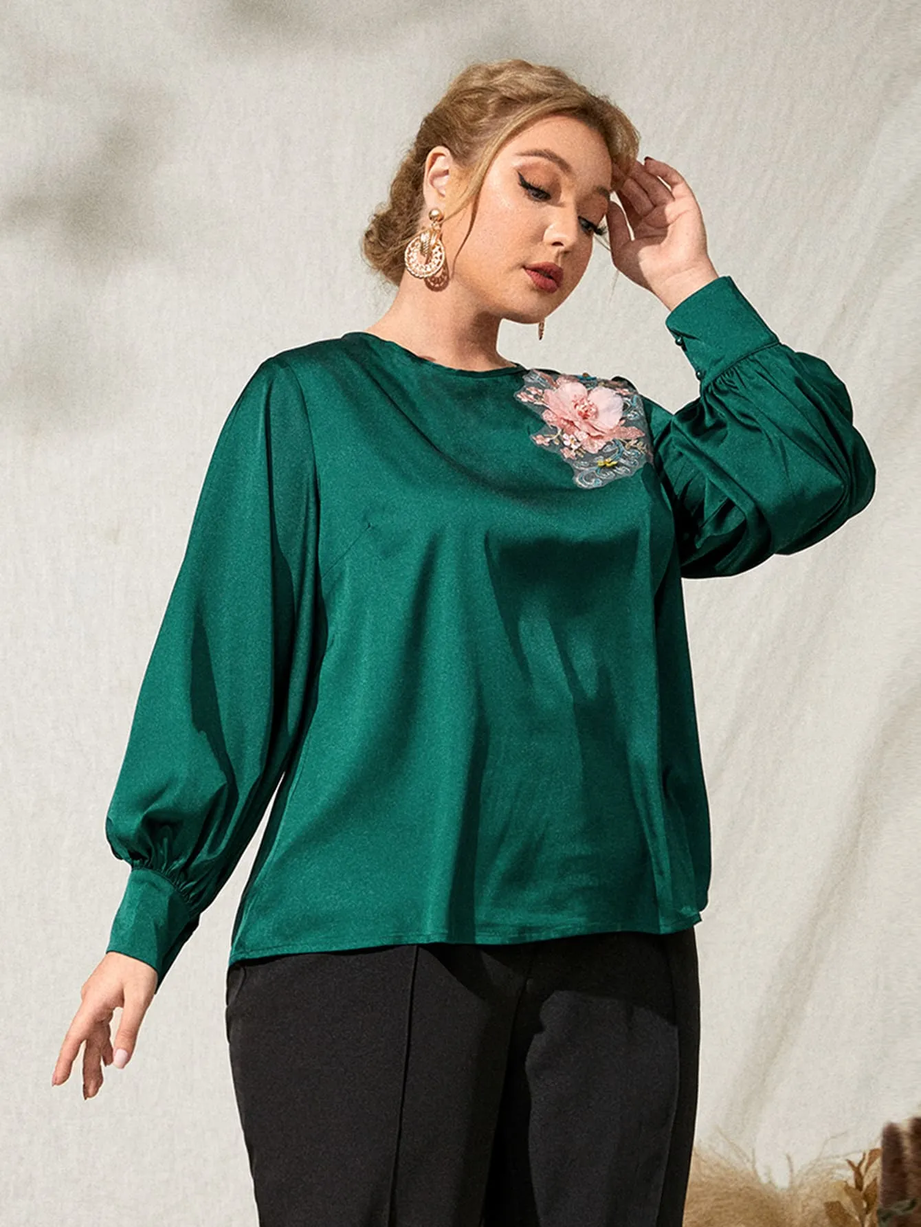 Floral Appliques Long Sleeve Round Neck Regular Plus Size Blouse