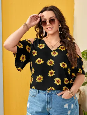 Floral Cut Out Half Sleeve V Neck Regular Plus Size Blouse