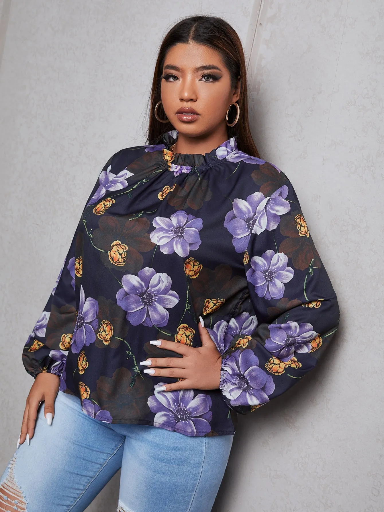 Floral Frill Long Sleeve Stand Collar Regular Plus Size Blouse