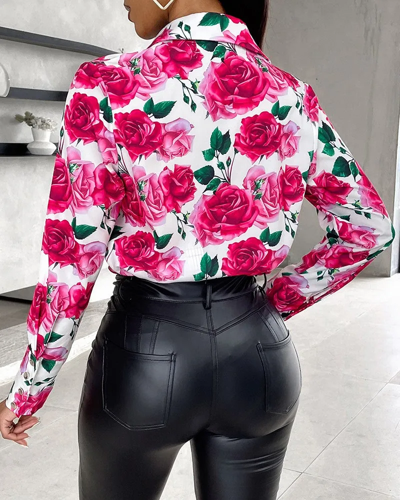 Floral Print Buttoned Long Sleeve Top