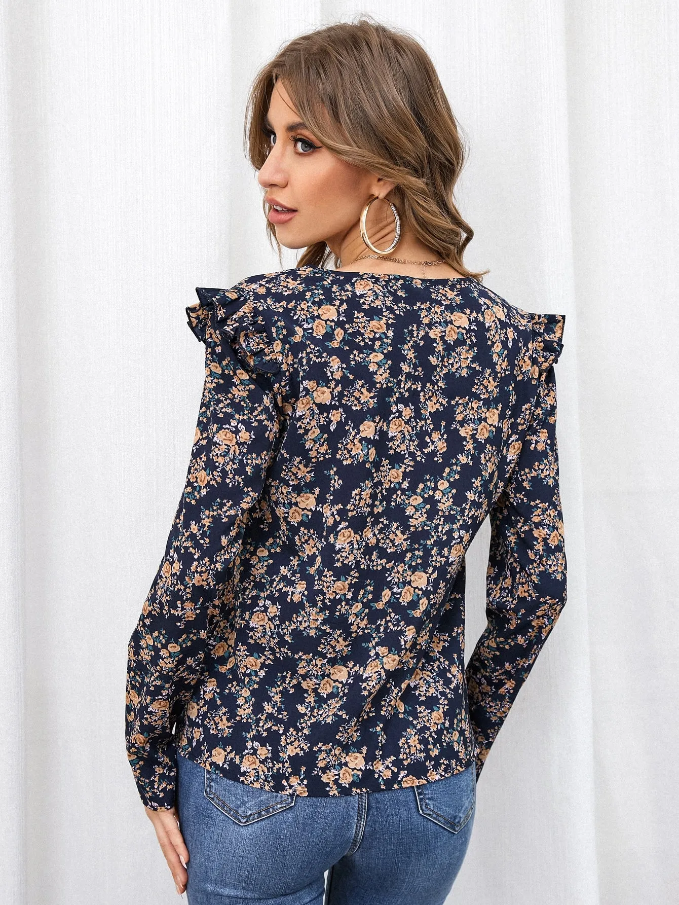 Floral Print Ruffle Trim Blouse