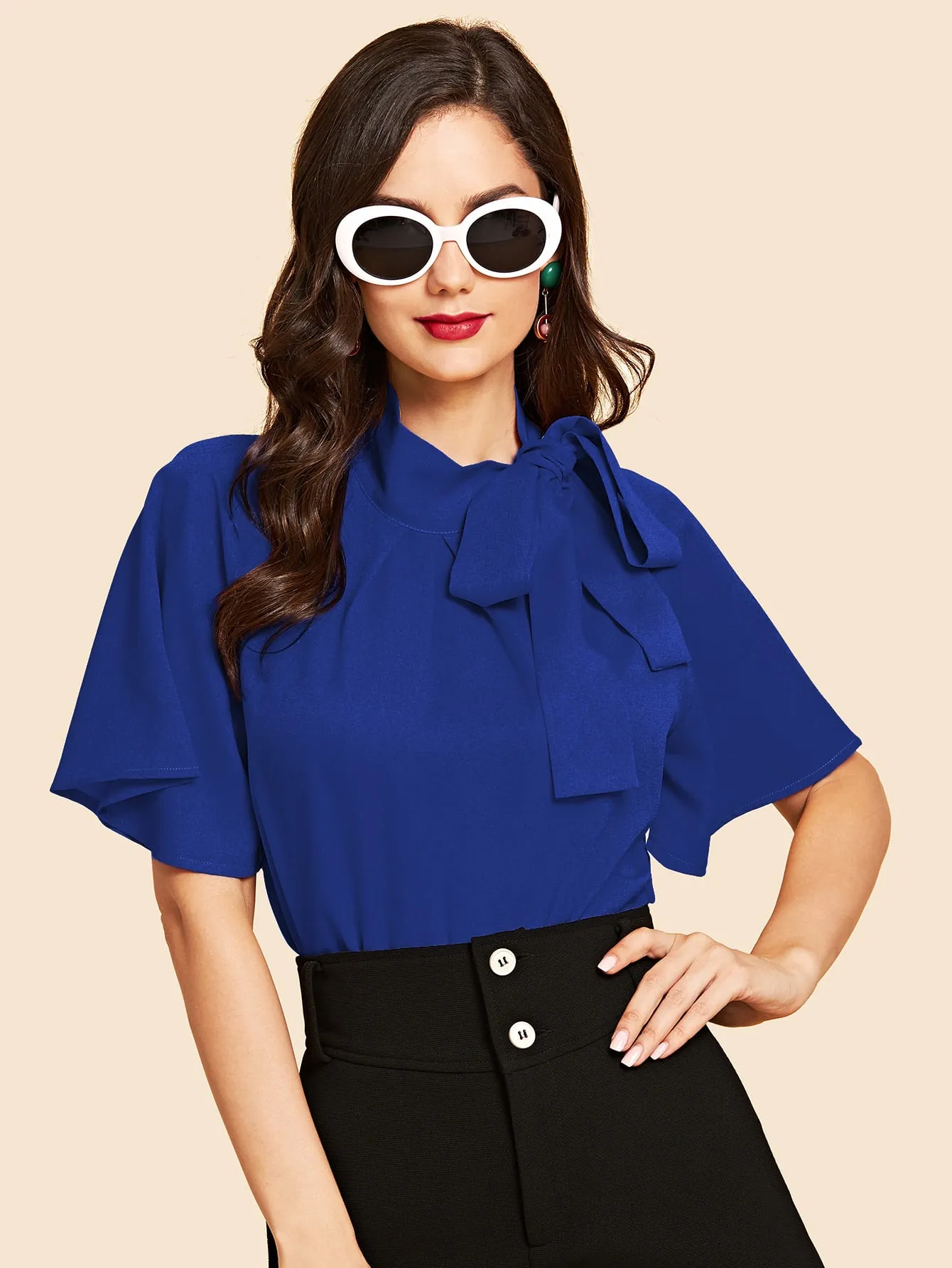 Flutter Sleeve Tie Front Stand Neck Blouse