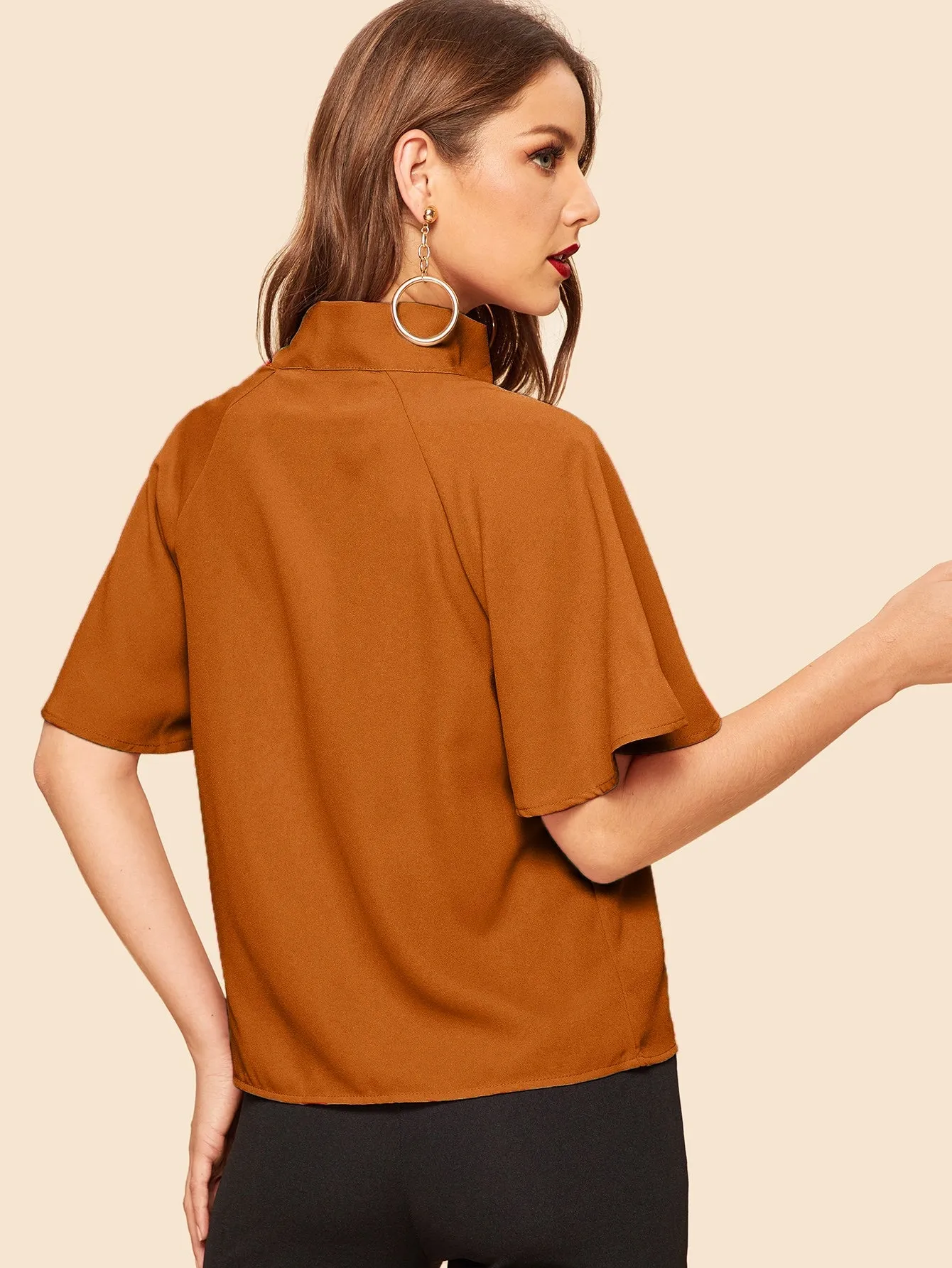 Flutter Sleeve Tie Front Stand Neck Blouse