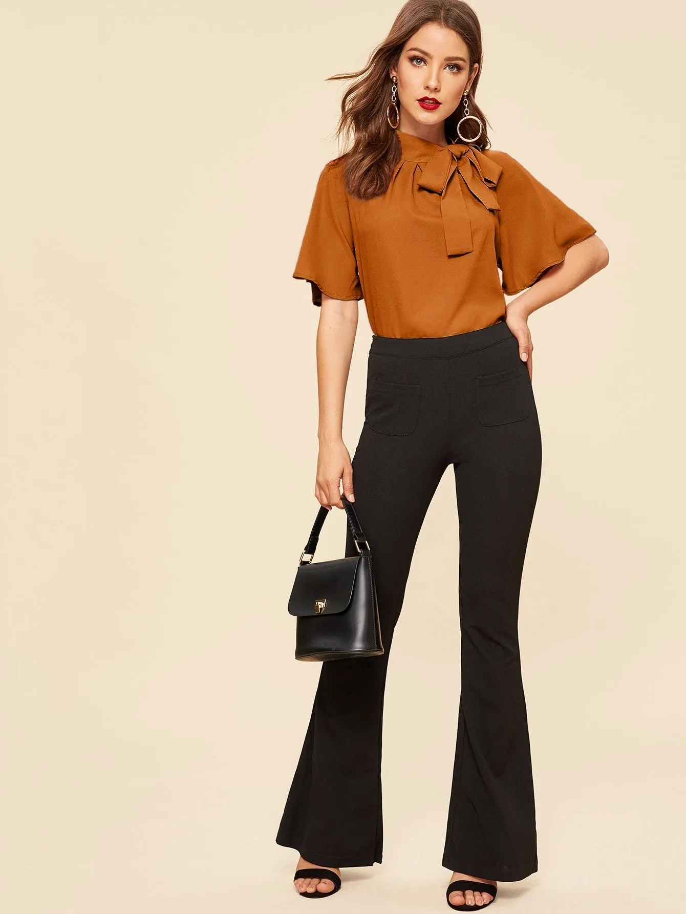 Flutter Sleeve Tie Front Stand Neck Blouse