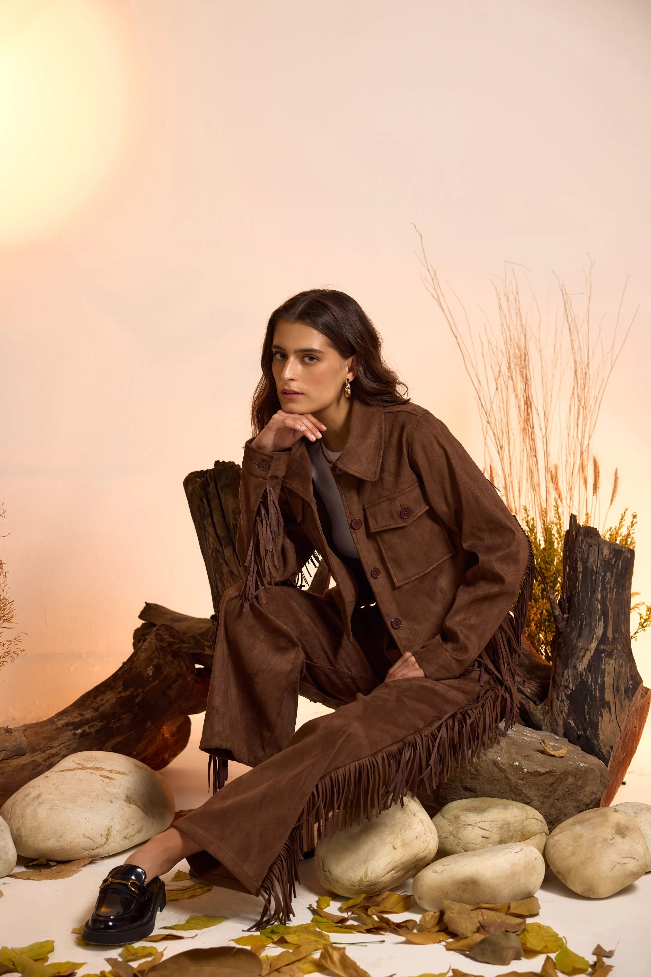 Fringe-Detailed Jacket & Straight Fit Pant Set