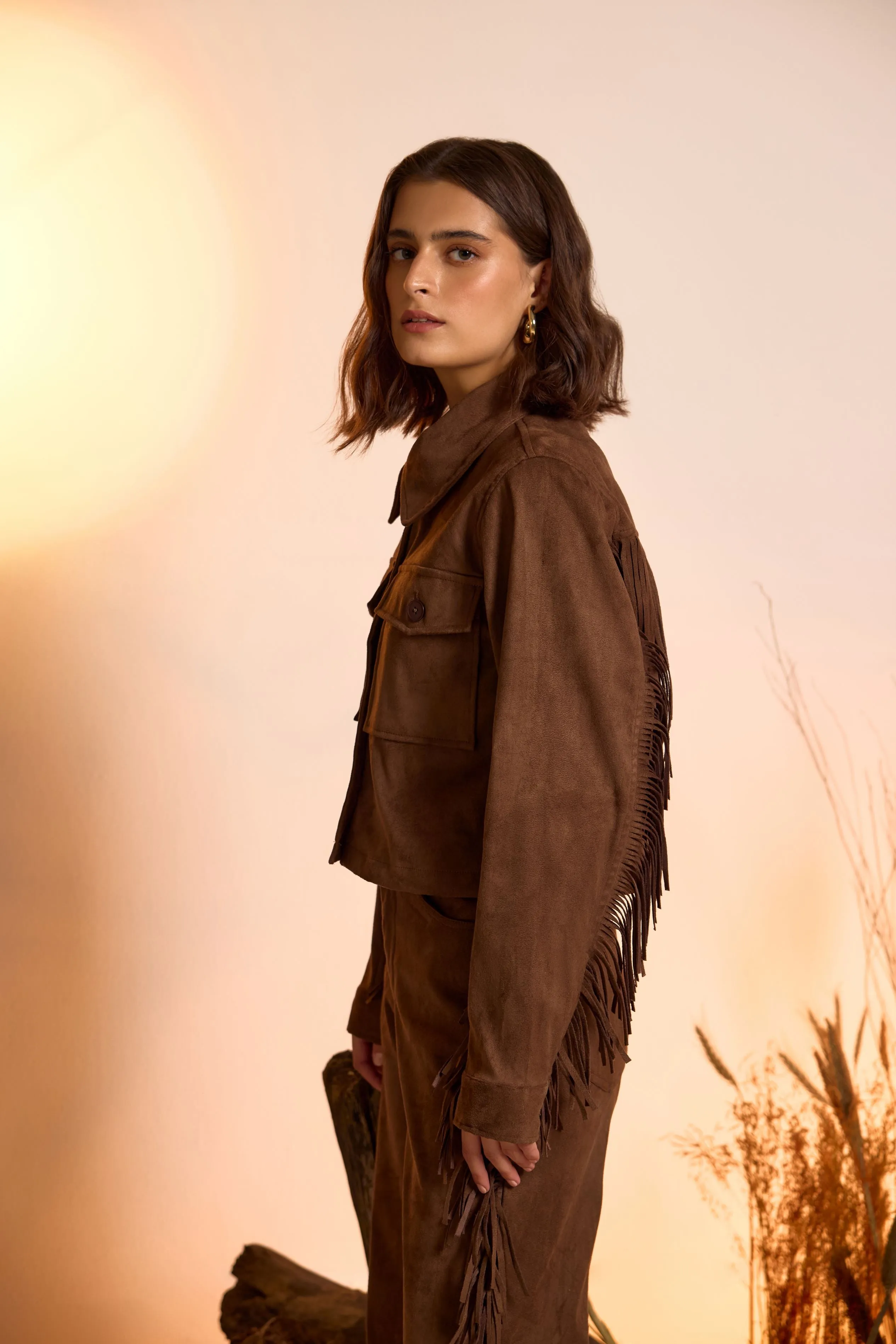 Fringe-Detailed Jacket & Straight Fit Pant Set