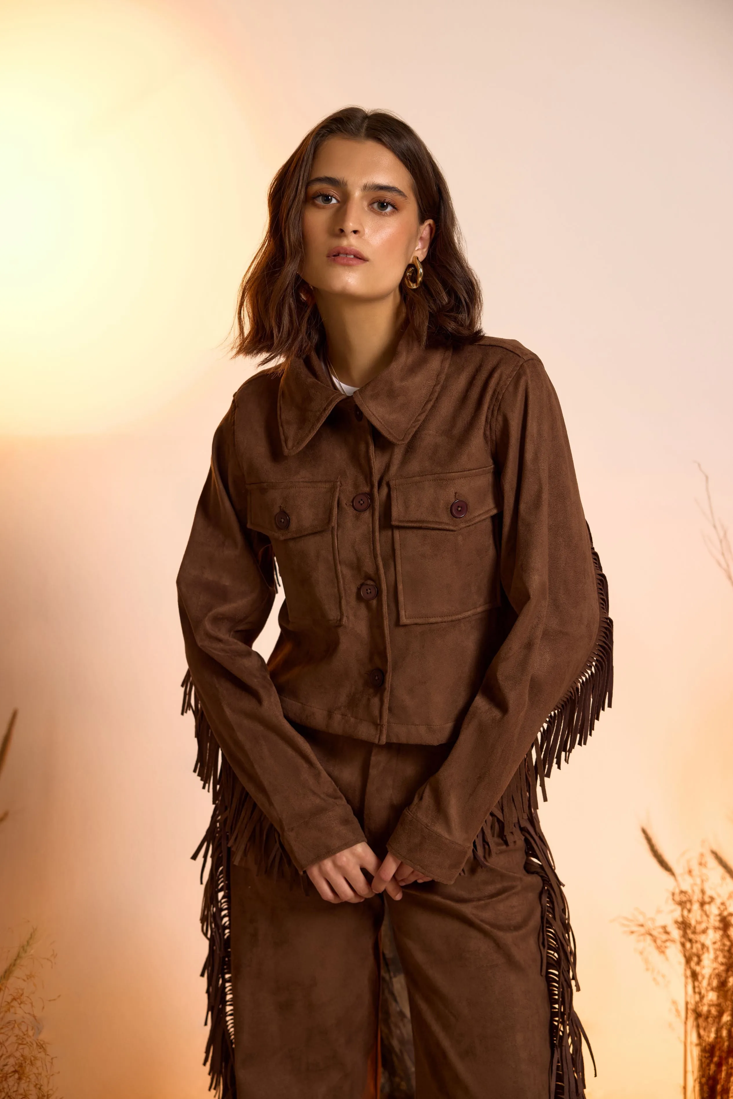 Fringe-Detailed Jacket & Straight Fit Pant Set