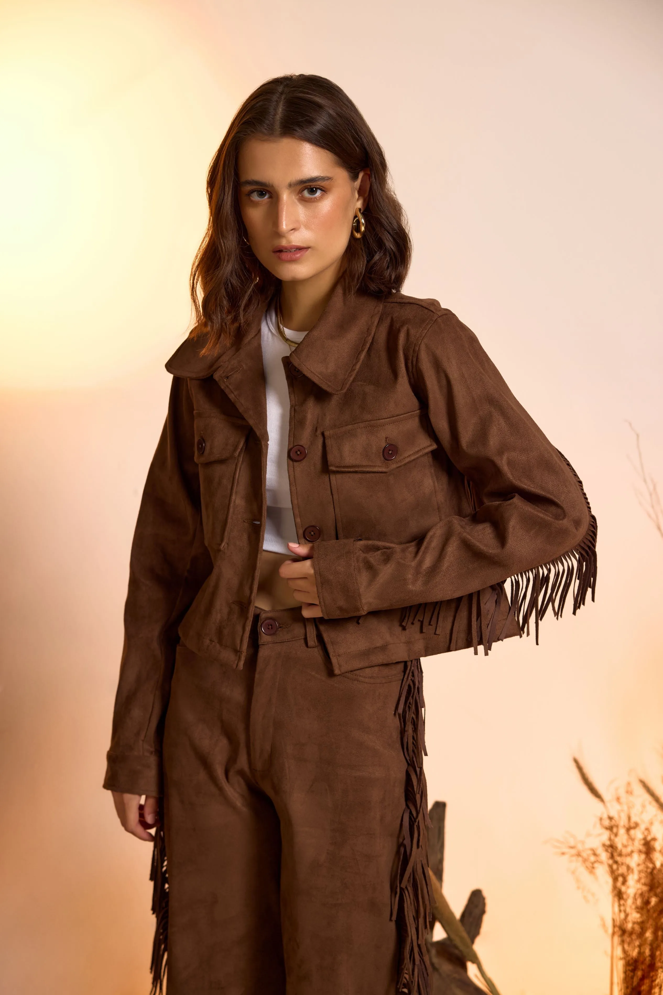 Fringe-Detailed Jacket & Straight Fit Pant Set