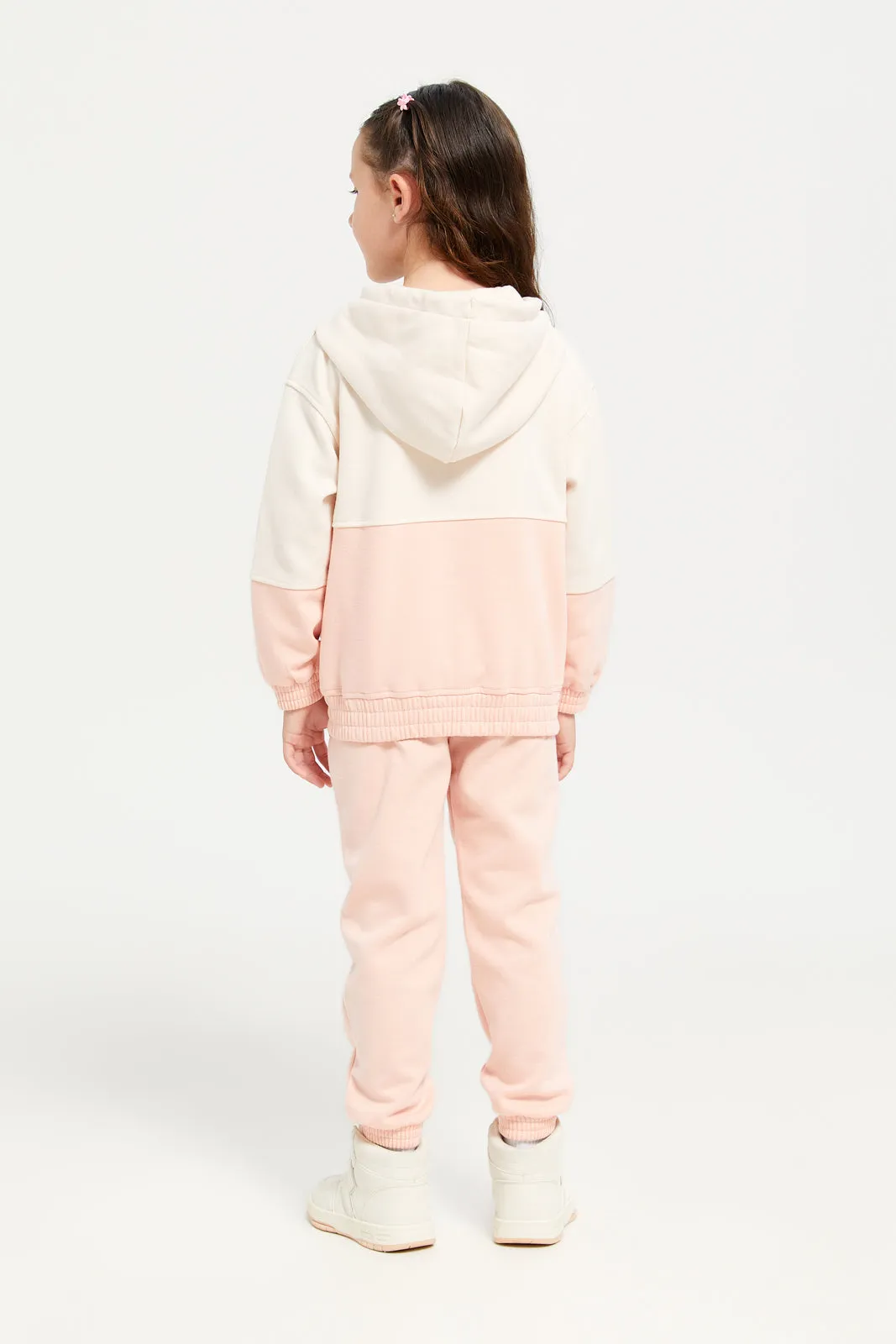 Girls Cream And Pink Printed Active Jogger Set (2 Piece)