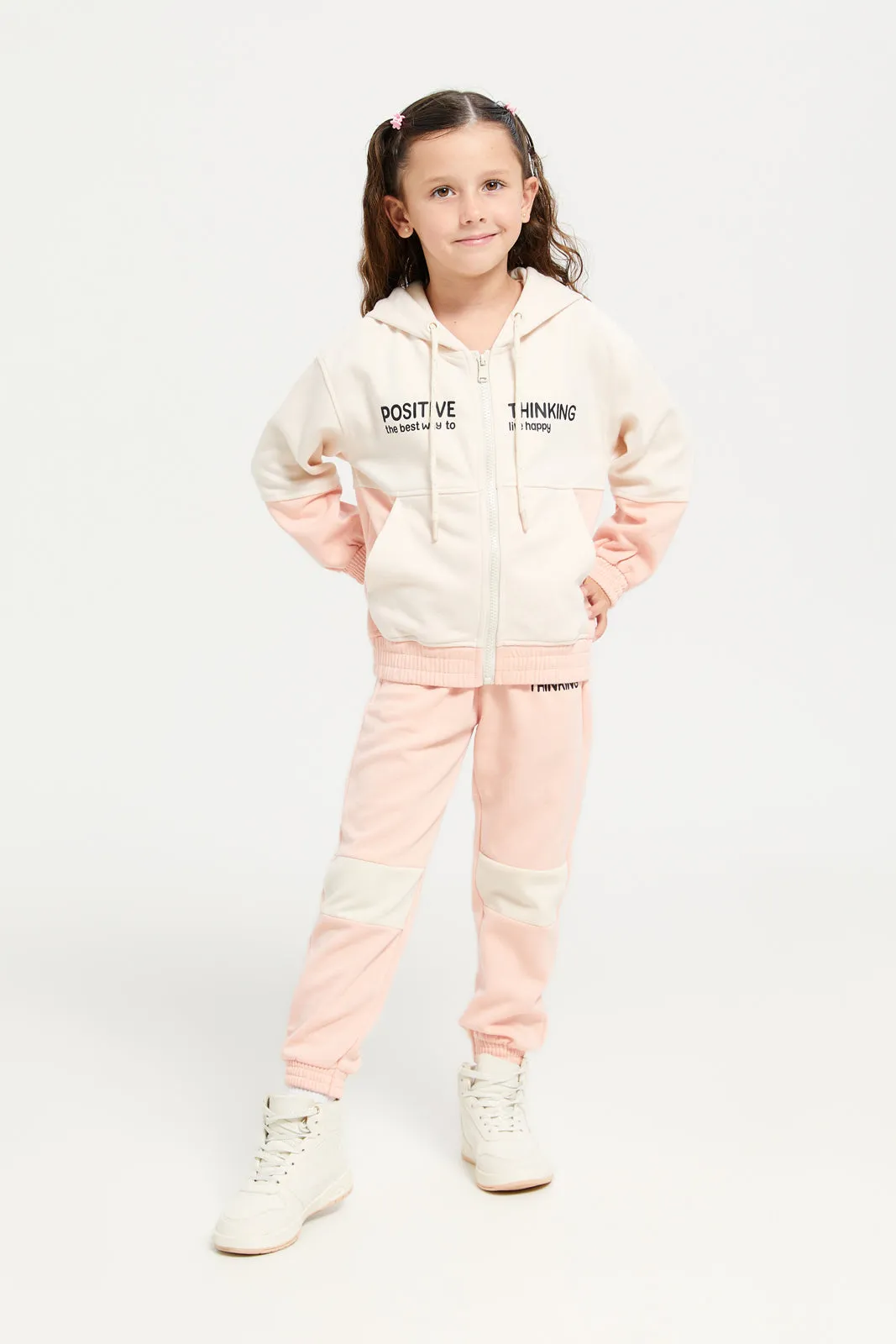 Girls Cream And Pink Printed Active Jogger Set (2 Piece)