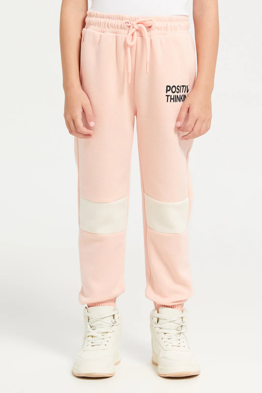 Girls Cream And Pink Printed Active Jogger Set (2 Piece)