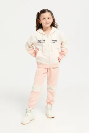 Girls Cream And Pink Printed Active Jogger Set (2 Piece)