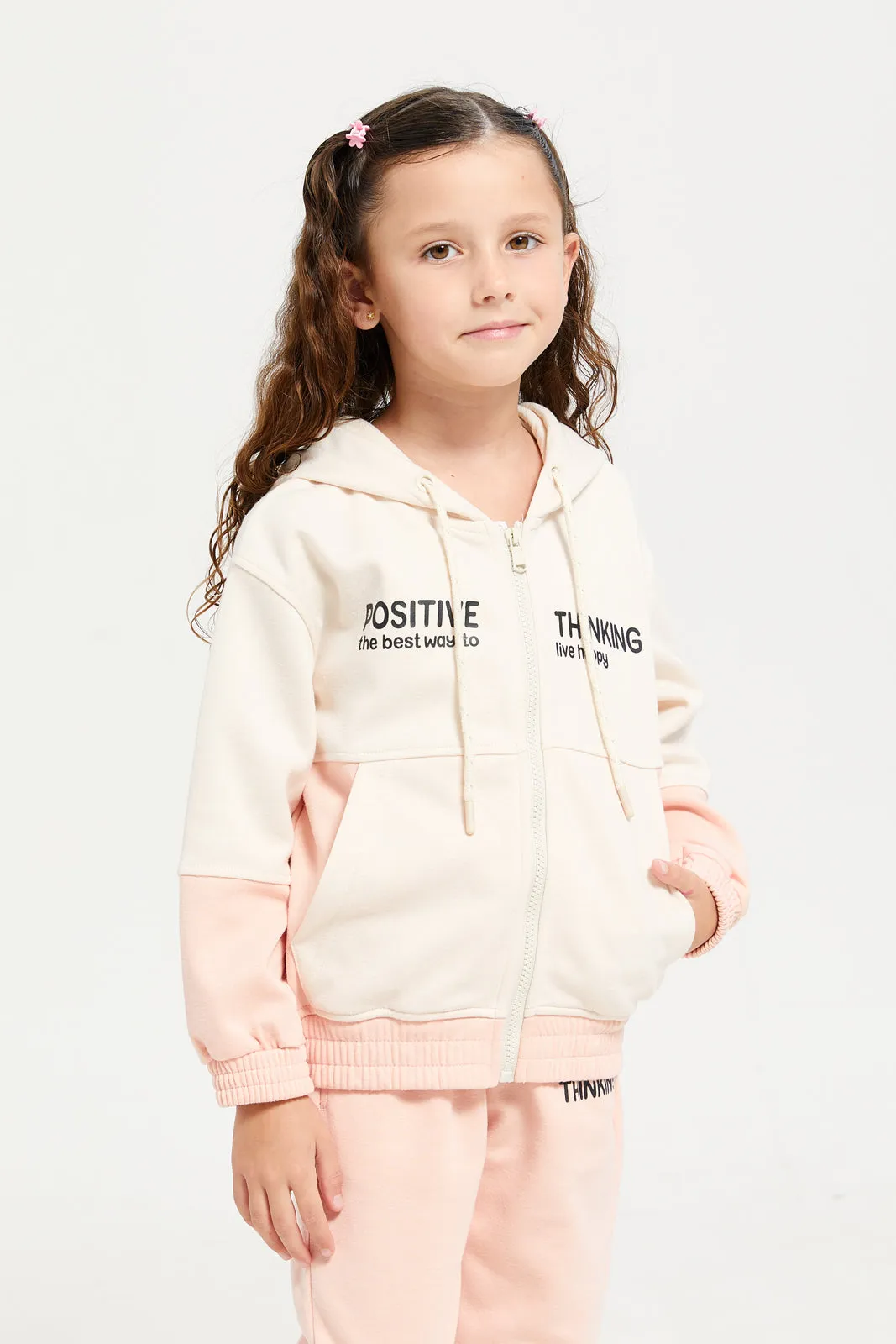 Girls Cream And Pink Printed Active Jogger Set (2 Piece)