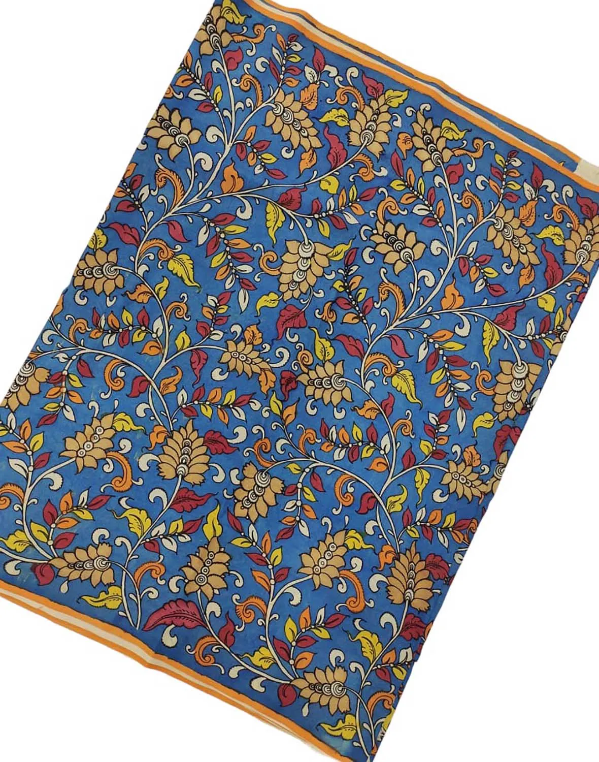Hand Painted Bangalore Silk Fabric - Blue Kalamkari (1 Mtr) - Professional Quality