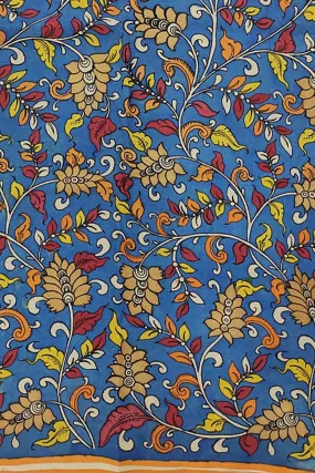 Hand Painted Bangalore Silk Fabric - Blue Kalamkari (1 Mtr) - Professional Quality