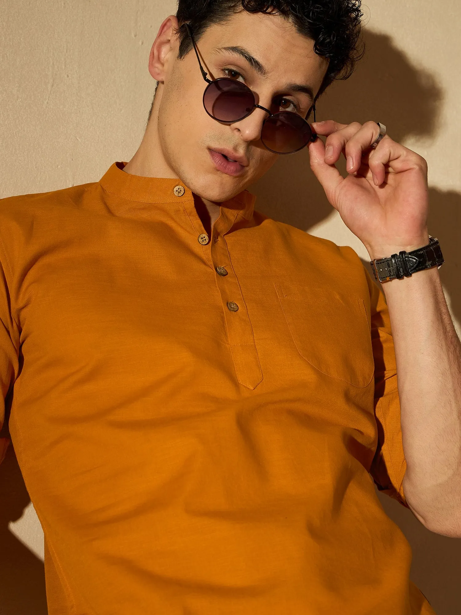 Men Orange Comfort Slim Fit Short Kurta