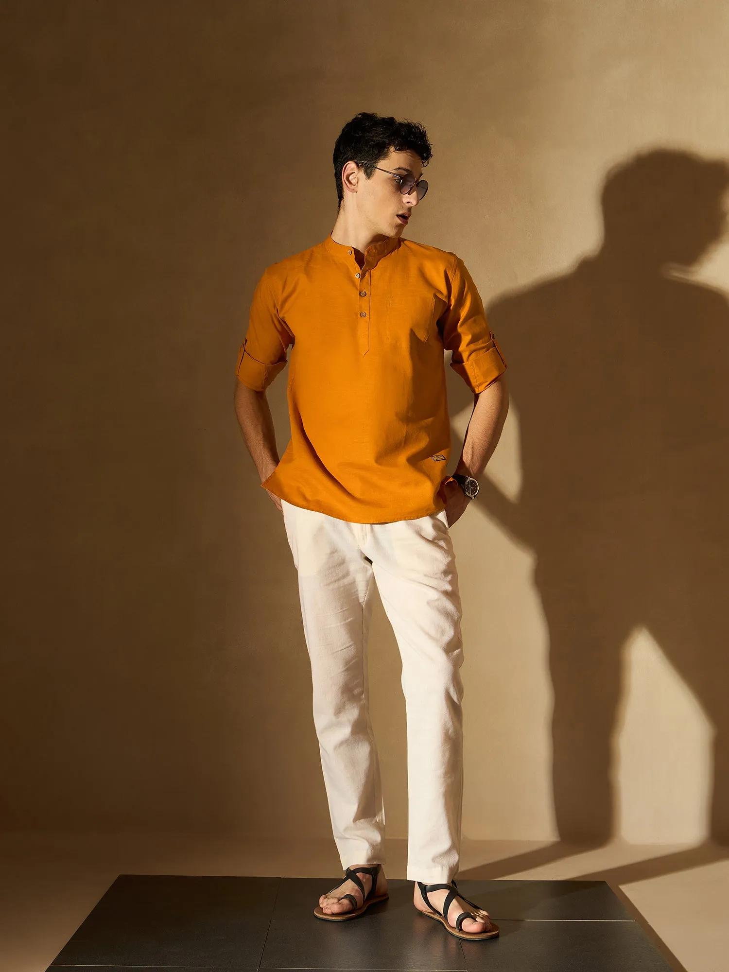 Men Orange Comfort Slim Fit Short Kurta