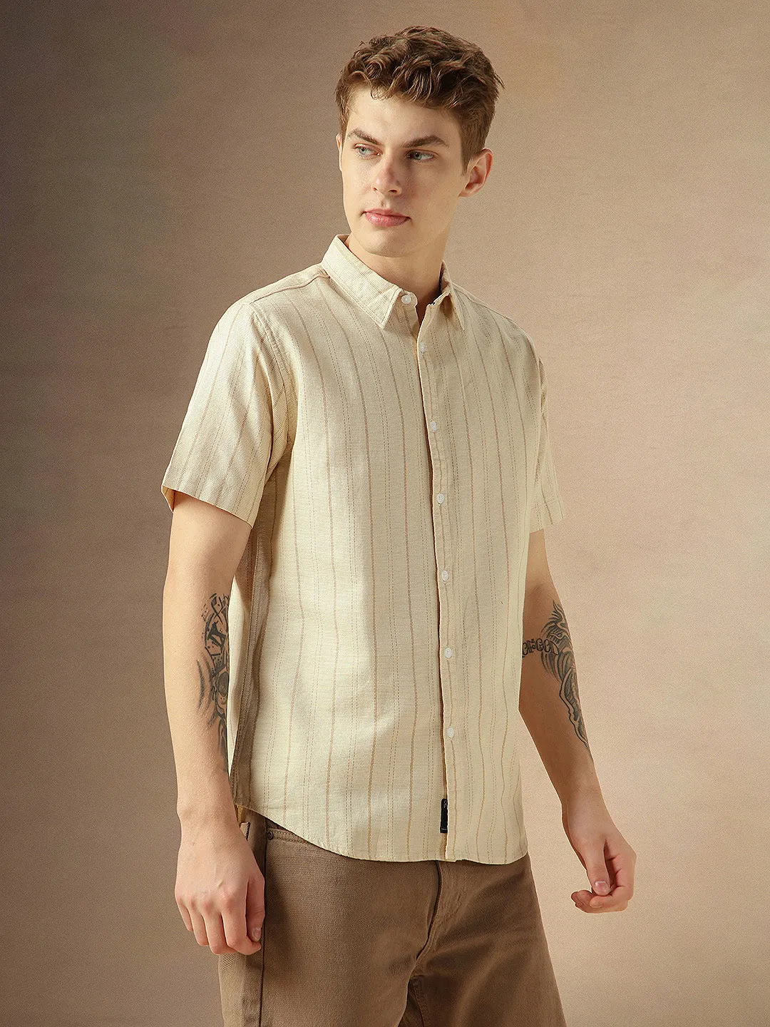 Men's Beige Cotton Dobby Spread Collar Half Sleeves Striped Shirt