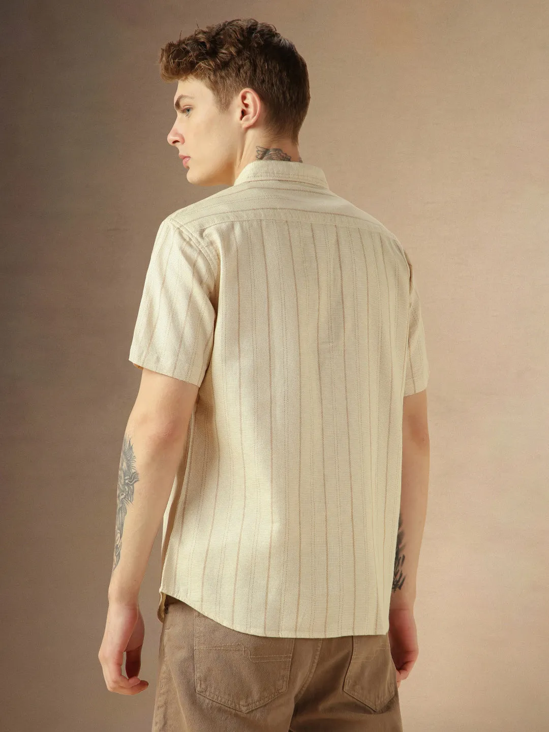 Men's Beige Cotton Dobby Spread Collar Half Sleeves Striped Shirt