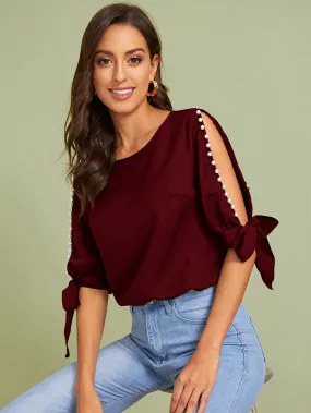Neon Lime Pearl Beaded Split Sleeve Knot Cuff Top
