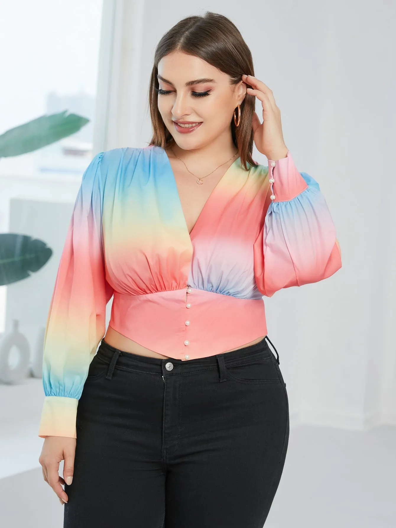Ombre Button Front Long Sleeve V Neck Crop Plus Size Blouse
