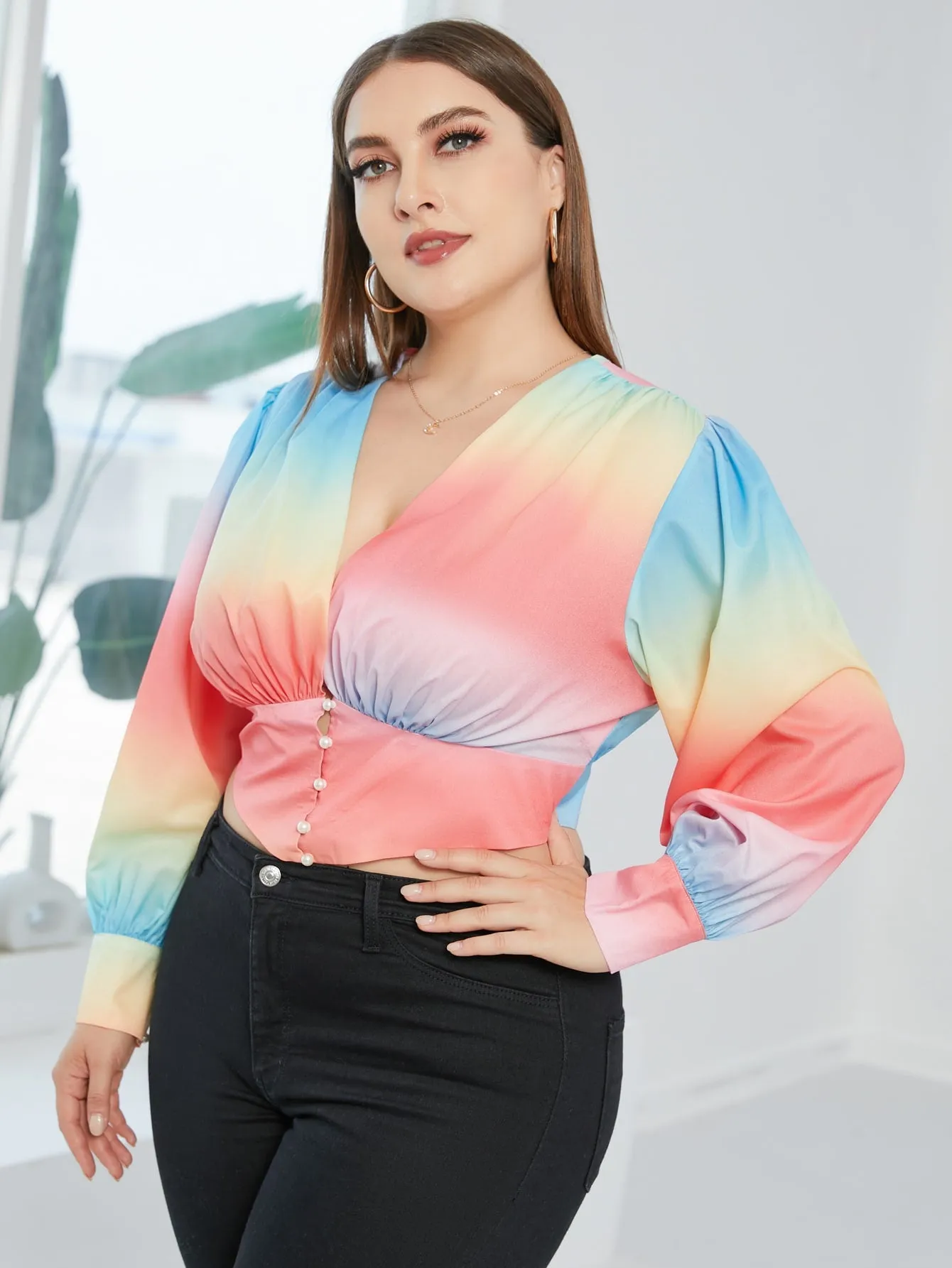 Ombre Button Front Long Sleeve V Neck Crop Plus Size Blouse